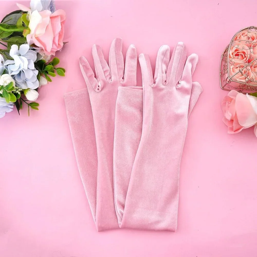 Women's Pink Velvet Long Gloves Elbow Length Costume Flapper Evening Banquet